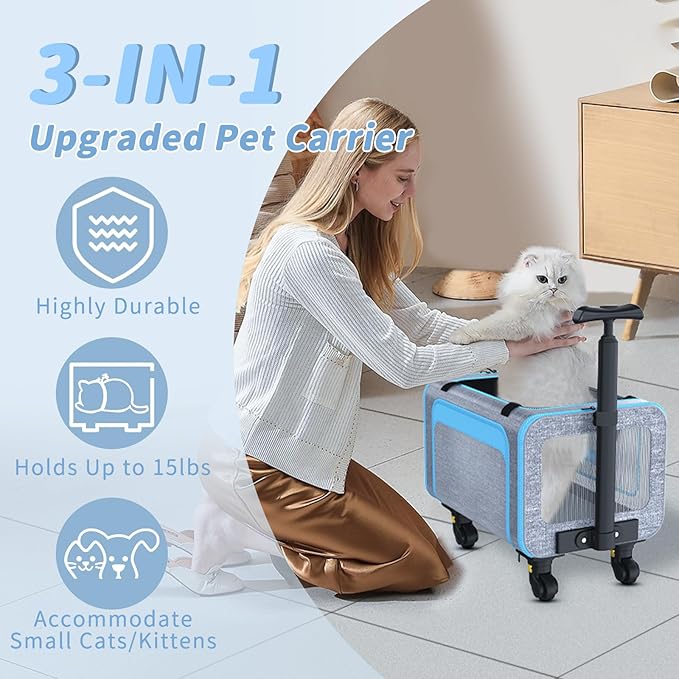 Rolling Pet Carrier with Detachable Wheels - 18x11x11 TSA Airline Approved for Southwest Delta United American, Soft Sided Expandable Travel Bag for Small Dogs & Cats up to 15Lbs, Fits Under Seat