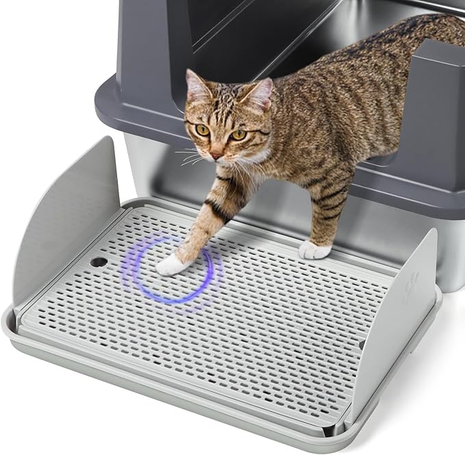 Cat Litter Box Step with Removable Splash-Proof Baffles, Large Pet Ramp for Litter Box with Filter Function Double Layer Cat Pedal Footrest Splash-Proof Easy to Clean (Light Grey)