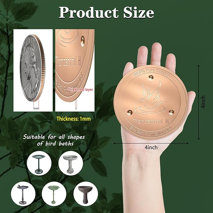 TIANCENTRAL H Bird Bath Copper Disk 2PCS-99.99% Pure Copper Cleaning Disk with Triple-Point Support 1mm Reinforced Water Purification Disk for Bird Baths,4 Inch