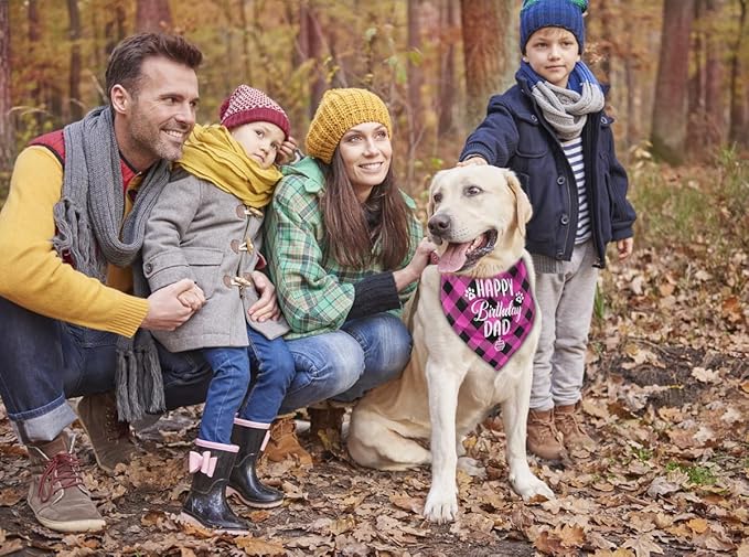 K28 Dog Bandana - Happy Birthday Dad Plaid Dog Scarf Accessory, Pet Scarf Gift for Dad's Birthday Party