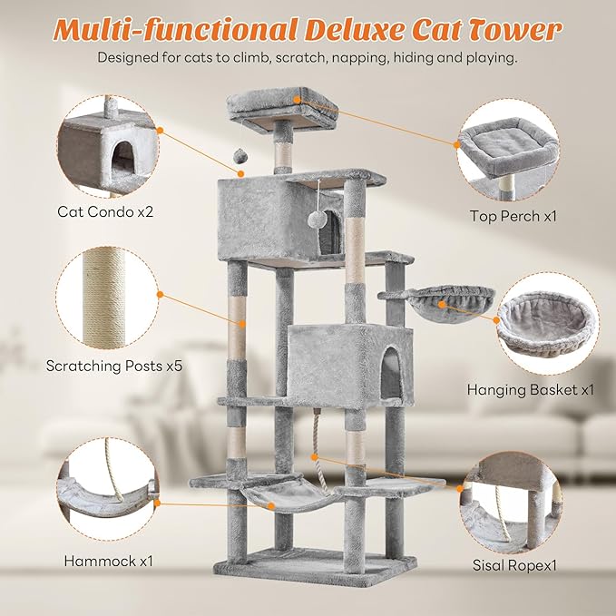 Large Cat Tree 66 Inch, Multi-Level Tall Cat Tree Tower with Condo, Perches, Sisal Scratching Posts and Hammock, Pet Play House with Dangling Balls for Indoor Cats, Light Grey