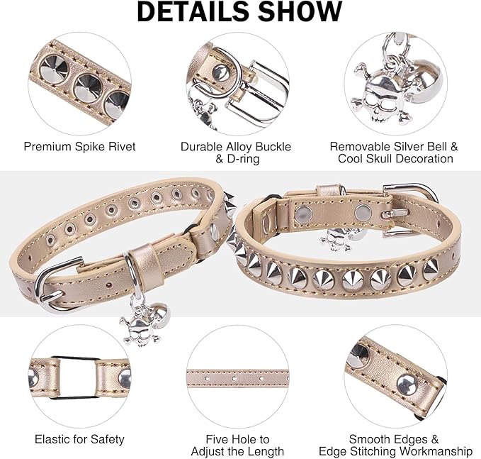 Leather Cat Collars for Boy Girl Cats with Bell and Safety Elastic Belt, Personalized Rivets Stud Adjustable Safe Buckle Collar with Skull Charm for Kitty Small Pets, Halloween Cat Collar