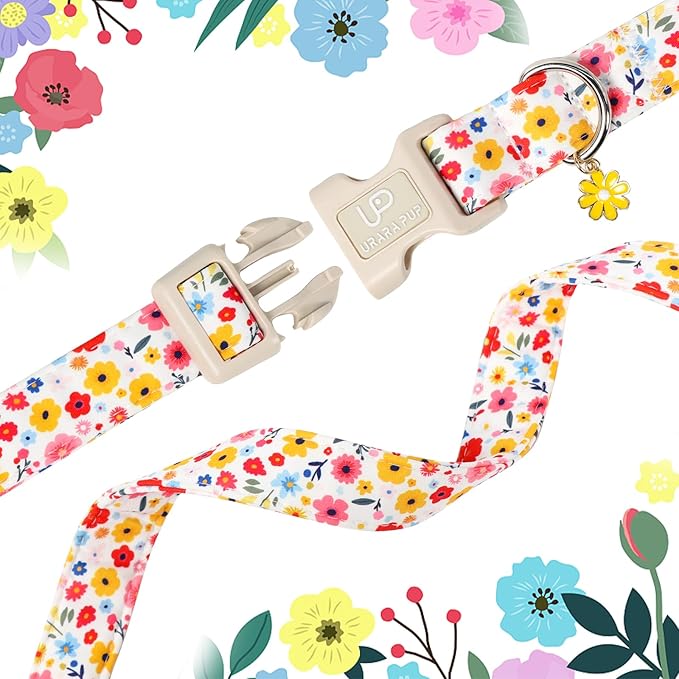 Floral Dog Collar, UP URARA PUP Colorful Floral Adjustable Pet Collar with Flower Charm, Spring Daily Dog Accessories for Small Medium Large Dogs