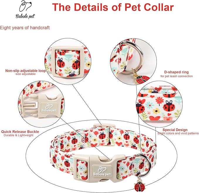 Ladybug Dog Collar for Small Dogs - Cute Spring/Summer Dog Collar, Lightweight Adjustable Cartoon Love Bug Garden Mom Dogs Collars with Quick Release Buckle S