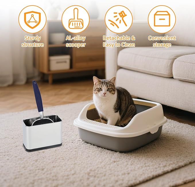 Heavy-Duty Cat Litter Scoop with Holder,Metal Cat Scooper Holder Trash Container,Aluminum Kitty Poop Sifting Shovel Captures All Clumps,Speed Sifter Litter Box Scooper with Cats Caddy(Blue)