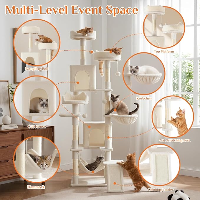 Large Cat Tree 75 Inch, Multi-Level Tall Cat Tree Tower with Condo, Perches, Sisal Scratching Posts Board and Hammock, Pet Play House with Dangling Balls for Indoor Cats, Beige