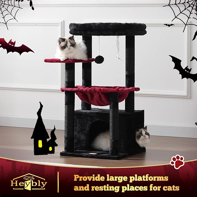 Heybly Cat Tree, Kitten Tower with Large Soft Cat Basket, Cat Condo with Spacious Cat Bed Cave with Hidden Space, Sisal-Covered Scratching Posts, Dangling Ball for Indoor Cats, Black and Red HCT008SBR