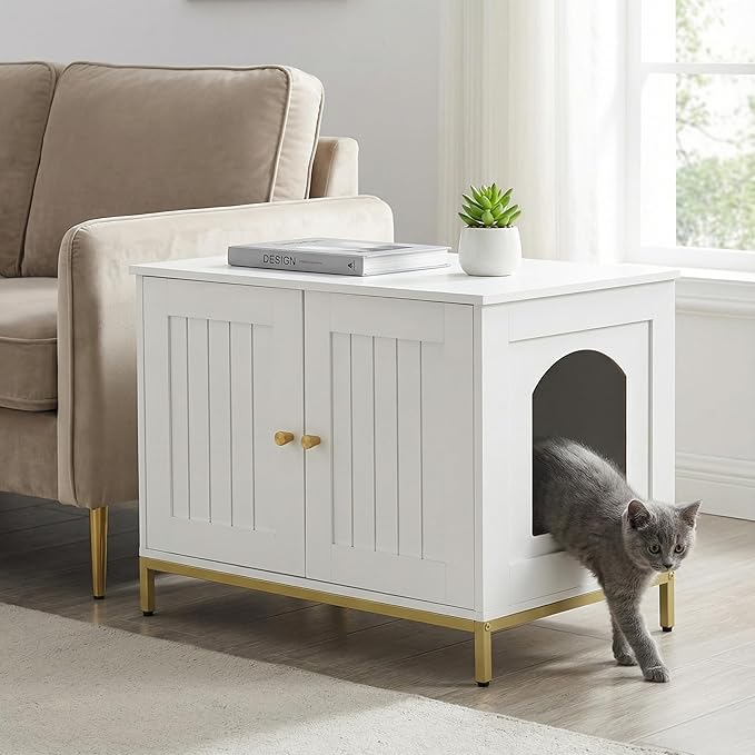 Homhedy Cat Litter Box Enclosure, Cat Washroom Furniture with Metal Frame, Pet House, Fit Most of Litter Box, Modern Style, White and Gold