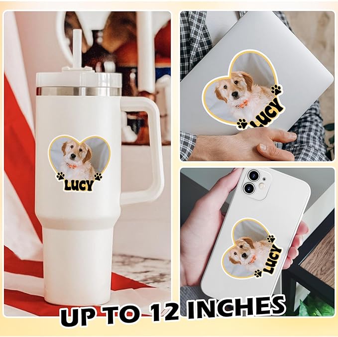 Custom Pet Photo Heart Sticker Personalized Pet Name Decal Cute Pawprint Design Waterproof Durable Vinyl for Laptops Water Bottles Cars Pets Owners Gift Animal Lover Customizable Dog Cat Portrait