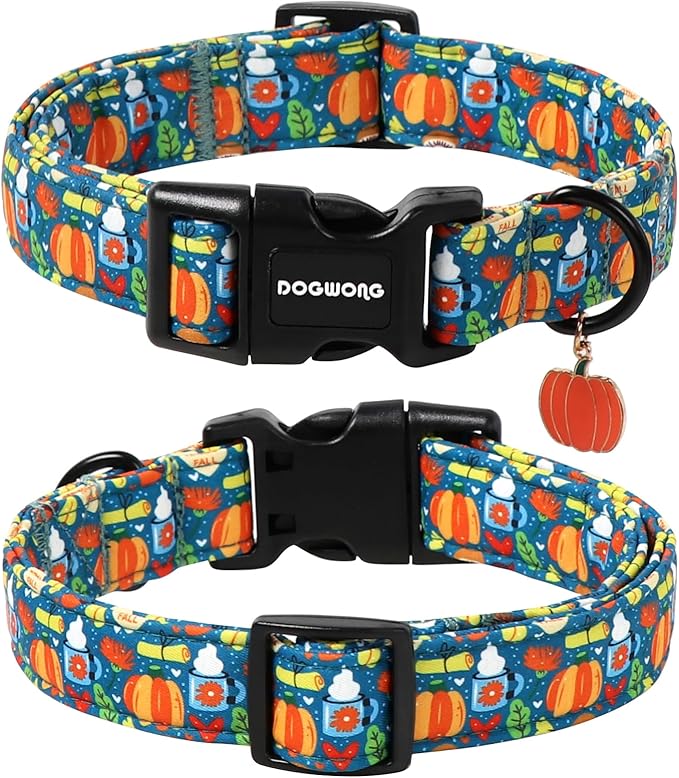 DOGWONG Fall Pumpkin Dog Collar, Fall Maple Leaf Dog Collars Adjustable Halloween Pumpkin Dog Collars for Small Medium Large Dogs M