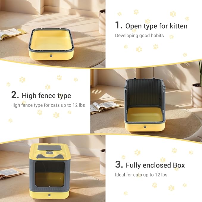 Upgraded Fully Enclosed Cat Litter Box with Lid, Covered Cat Box Enclosure, Anti-Splashing Easy to Clean Kitty Litter Boxes with Drawer, 3 Modes can Use from Kitten to Adult(Yellow&Grey)