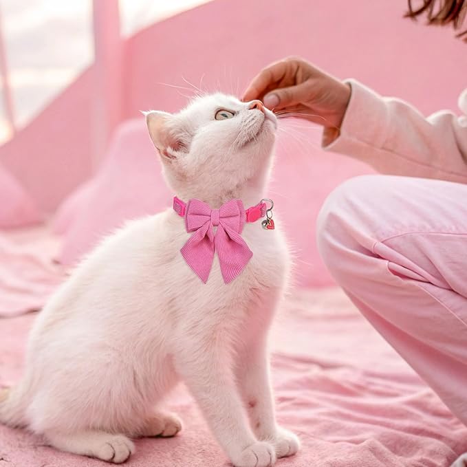 SCENEREAL Cat Collar with Bell & Stylish Bowtie, Pink Breakaway Cat Collars Accessories for Boy Girl Small Cats, Holiday Kitten Costumes for Female Male Pets