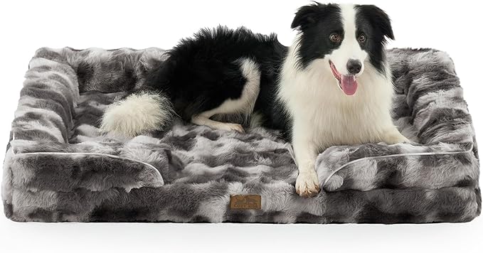 Self Warming Dog Bed for Large Size Dog, Faux Fur Orthopedic Puppy Sofa with Washable Removable Cover, Bolster Orthopedic Foam Bed for Pet Up to 100 lbs, XL 44x32x7 inch, Tie Dye Grey