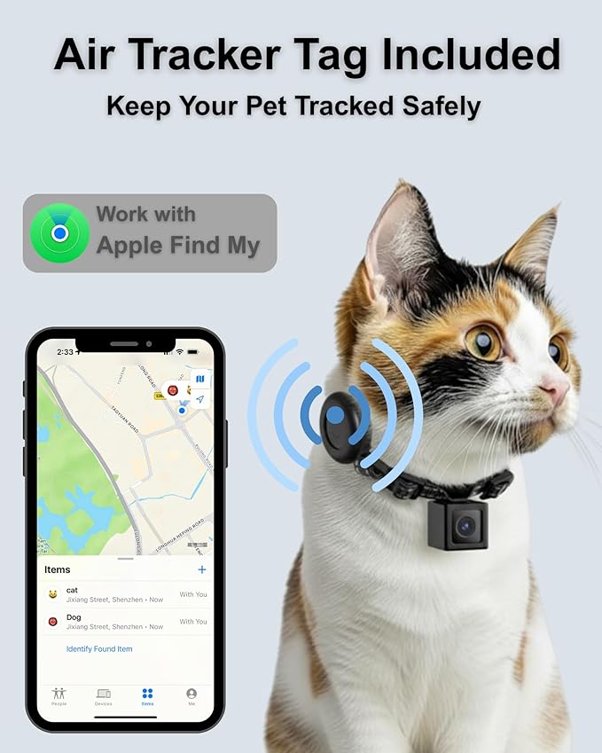 Cat Camera Collar with Tracker Tag, 1080P HD Video Recording Pet POV Cam, NO WiFi NO APP, Body Camera for Cat/Dog Tracking (No Micro-SD Card Included)