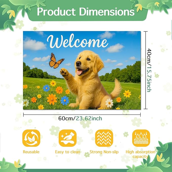Welcome Spring Pet Feeding Mat 24" x 16" Non Slip Dog and Cat Food Mat Easy Clean Feeding Mat for Puppy and Kitten Cute Cat Feedings Mat for Indoor Cats Food and Water Mat for Pet Bowls