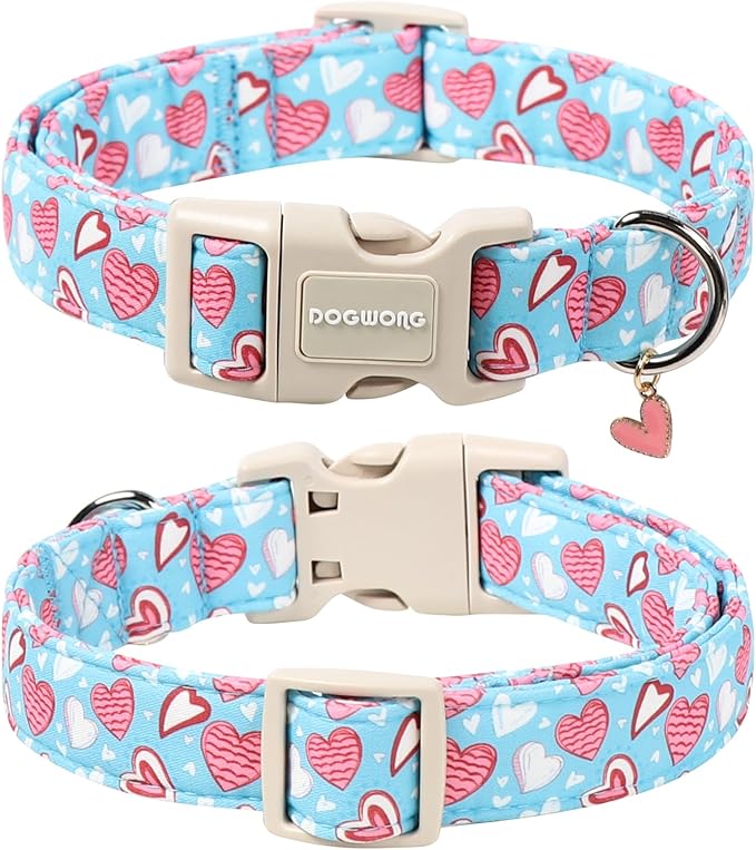 DOGWONG Blue Heart Dog Collar, Cute Valentine Puppy Collar, Valentine's Day Dog Collar with Strong Plastic Buckle for Small Medium Large Dogs,XS