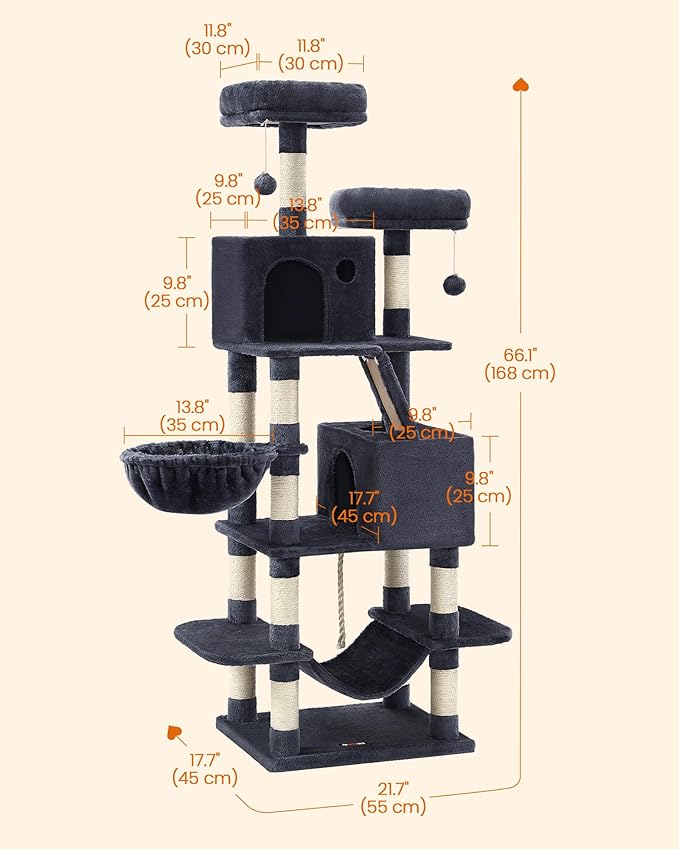 Feandrea Cat Tree, 66.1-Inch Large Cat Tower, Multi-Level Plush Condo with 13 Scratching Posts, 2 Perches, 2 Caves, Basket, Hammock, Pompoms, Smoky Gray UPCT165G01