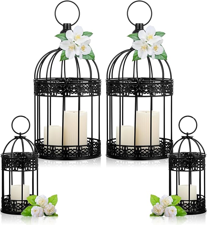 Sliner 4 Pcs Birdcage Candle Holder Valentine Decorative Bird Cages for Weddings Vintage Candlestick Holders Metal Lanterns Model Wedding Candle Centerpieces for Tables Valentine Home Decor(Black)