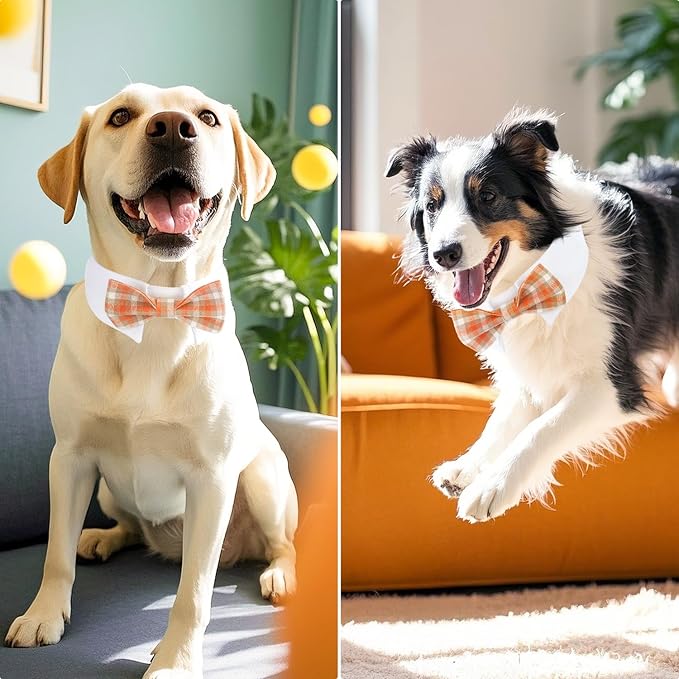 Segarty Dog Bow Tie, Adjustable Orange Plaid Bowtie Collar for Neck Girth 12.6-15.7in, Large Dog Tie Tuxedo Comfortable Cotton Boy Pets Grooming Accessories for Formal Wedding Holiday Birthday Party