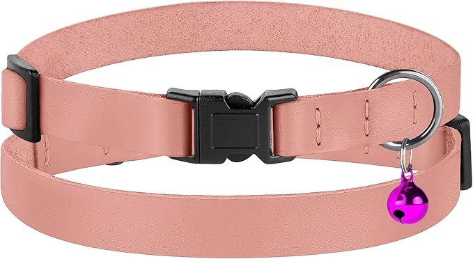 Breakaway Cat Collar with Bell - Leather Adjustable Kitten Collars with Safety Quick Release Buckle - Soft Small Pet Collars for Girl & Boy Cats (Rose)