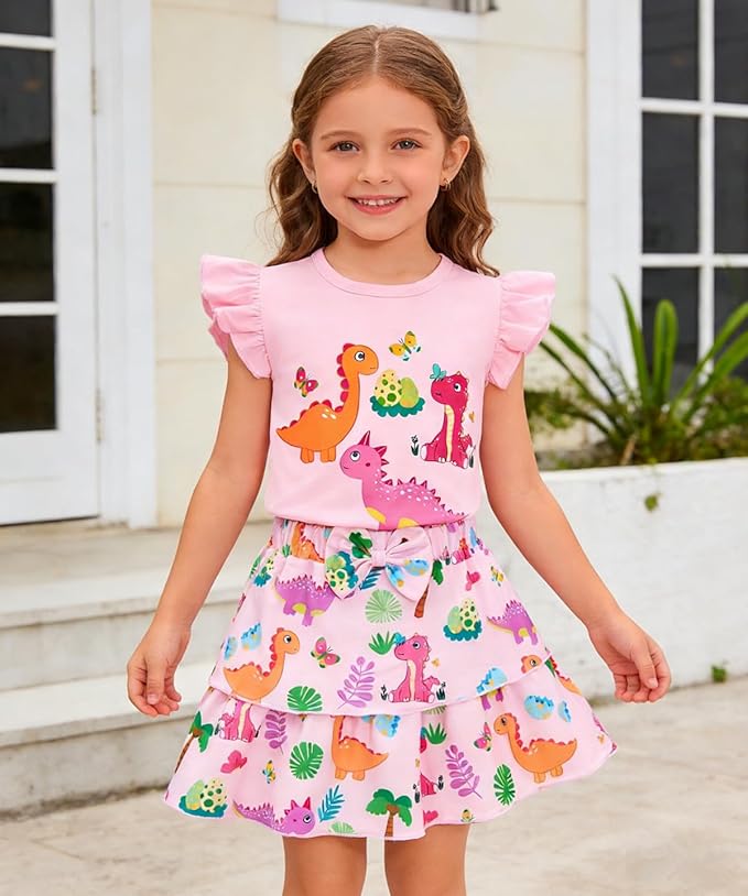 Girls Skirt Set 2 Piece Outfit Toddler Summer Clothes Ruffle Sleeve T-Shirt Bow Knot Tutu Skirt Outfit Set