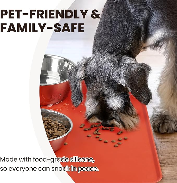 VIVAGLORY Dog Food Mat Flexmat Dog Bowl Mat, Placemat Food Tray with Raised Edges & Lip for Indoor Floor, Non Slip Waterproof Silicone Dish Placemat for Cat & Pet, S, Orange