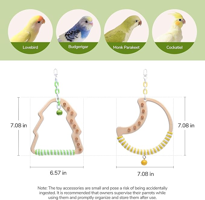 Natural Bird Swing - Tree-Shaped Parrot Perch with Bell and Cork Toys, Spinning Wooden Stand for Parakeets, Budgies, Lovebirds and Small/Medium Birds (White + Blue)
