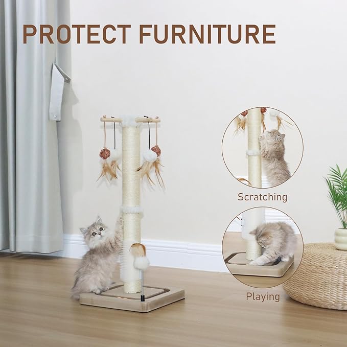 PEEKAB Cat Scratching Post 27 Inches Sisal Scratch Posts for Indoor Cats,with Track Ball Toys Kitten Vertical Scratcher Furniture Beige