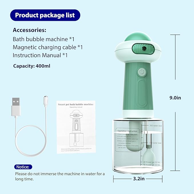 Electric Dog Shampoo Dispenser & Foam Machine - Automatic Pet Bath Soap Dispenser with Magnetic Charging, Waterproof Dog Shower Frother for Dogs, Cats, Puppies (Green)