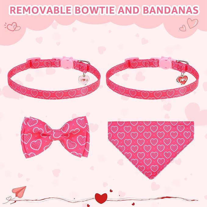 SCENEREAL Valentine's Day Cat Bandana Collars with Bell Bowtie - 2 Pack Breakaway Pink Kitten Collars, Adjustable Cute Love Heart Pet Accessories for Cats Small Dogs