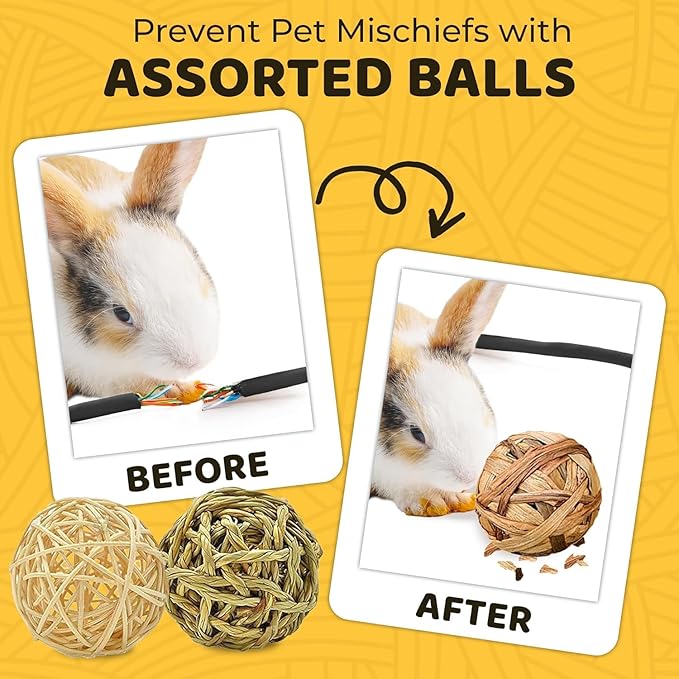 SunGrow Assorted Rabbit & Cat Chew Balls, Teething Activity Toy for Pocket Pets, Improves Dental Health, Environment Friendly, Stress Reliever (Assorted Rabbit Chew Balls, 6 Pcs)