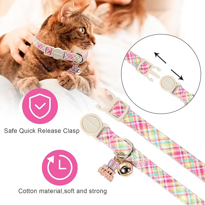 DOGWONG 2 Pack Easter Day Cat Collar Breakaway,Safety Adjustable Easter Plaid Rabbit Cat Collars with Bell for Kitten