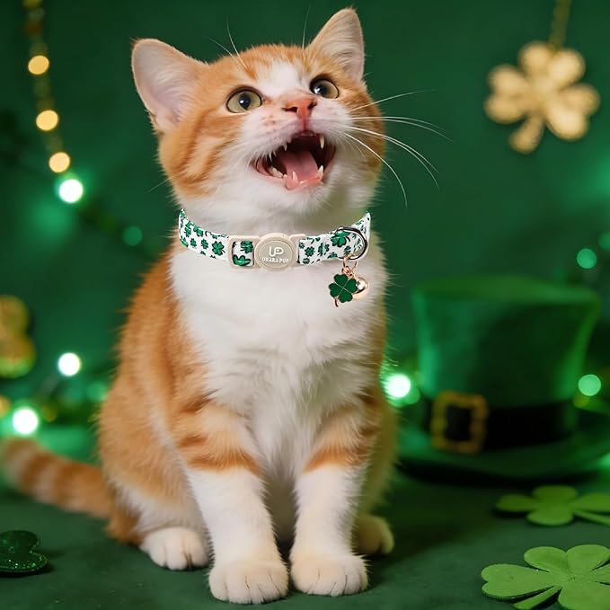 Cat Collar,2Pack St.Patrick's Day Cat Collars Cute Breakaway Kitty Collars,Spring Green Shamrock Cat Collar with Bell, Lucky Clover Kitten Collars with Safety Buckle for Girl & Boy Cats