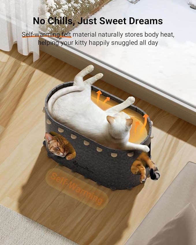 DownyPaws Cat House for Indoor Cats, Cat Bed Cave for Multiple & Large Cats Up to 22 Lbs, Scratch Resistant Peekaboo Cat Caves, Foldable Tunnel Enclosed Bed, PeekaPurr, Sesame Gray