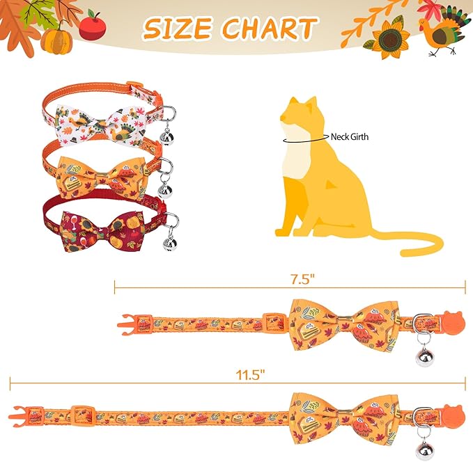 SCENEREAL Thanksgiving Cat Collar Breakaway, 3 Pack Kitten Collars with Bell, Bowtie and Safety Buckle - Adjustable Cute Holiday Cat Collars with Turkey and Pumpkin Pattern for Girl Boy