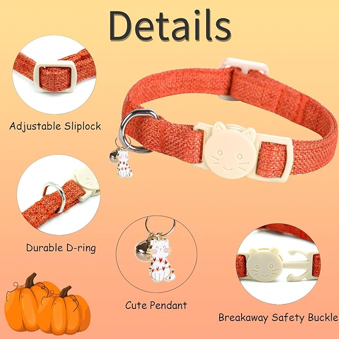 Halloween Cat Collar-2 Pack Cat Collar Orange and Purple Linnet with Kitten and Bell Pendant Safety Buckle Adjustable Pet Collar Suitable for Cats Gift to Cats and Small Pets