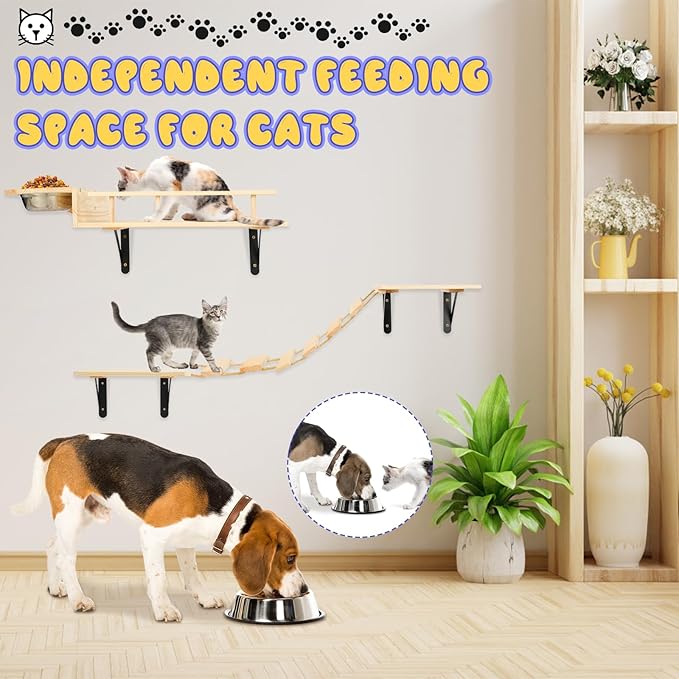 Cat Wall Shelves - Stable & Safe 5 in 1 Cat Walls Furniture Set, Wooden Kitten Climbing Wall with Bridge Ladder & Wall Steps