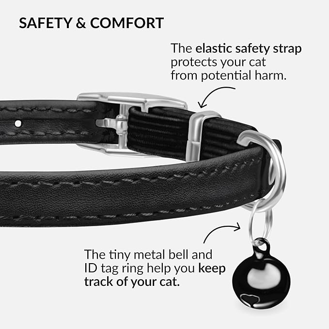 CollarDirect Leather Cat Collar with Bell - Kitten Collar, Small and Big Cat Collar for Boy Cats, Girl Cats with Safety Elastic Strap (Neck Fit 6"-7", Black)