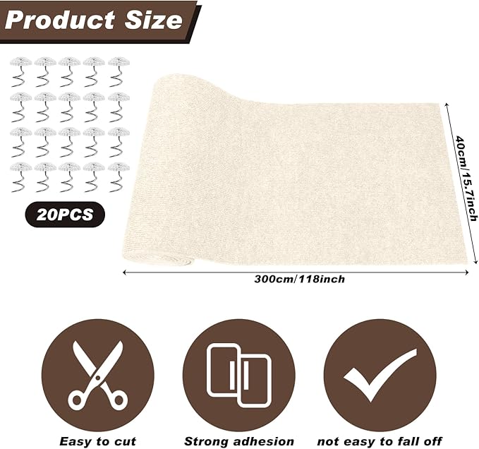 Cat Scratching Mat, 118" x 15.8" Self-Adhesive Trimmable Cat Scratching Carpet Mat with 20 Screws, DIY Cat Scratchers Furniture Protector for Indoor Cats, Couch, Wall and Cat Tree Shelves