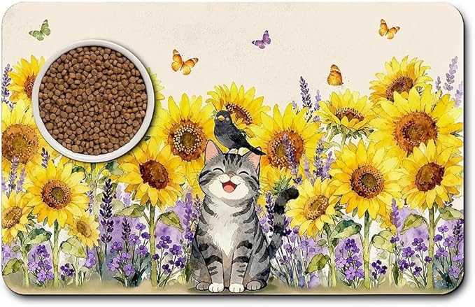 Dog Food Mat for Pet Cat Food Mat, Sunflower Absorbent Quick Dry Dog Bowl Mats for Food and Water, Non-Slip Cat Pet Feeding Mats for Floor Placemats 12"x20"