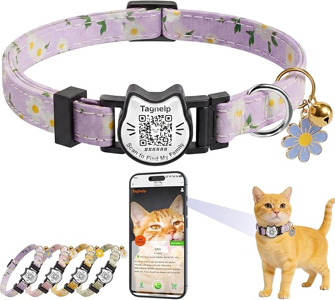 Cute Floral Breakaway Cat Collar with QR Code ID Tag, Soft Cotton Adjustable Kitten Collar with Bell, Personalized Scan ID for Cats, Daisy Pattern, Flower Pendant(Purple)