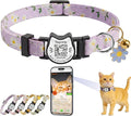 Cute Floral Breakaway Cat Collar with QR Code ID Tag, Soft Cotton Adjustable Kitten Collar with Bell, Personalized Scan ID for Cats, Daisy Pattern, Flower Pendant(Purple)