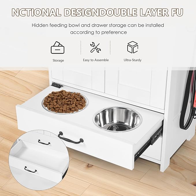 Dog Feeding Station with Storage Cabinet, 2 Adjustable Elevated Dog Bowls, Hidden Pull-Out Pet Feeder, Pet Food & Toy Organizer for Dogs & Cats