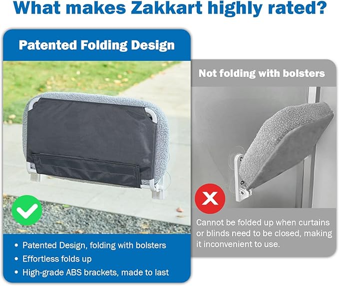Zakkart Foldable Cat Hammock for Window - Cordless, Embeded Machine Washable Bed, Robust Metal Frame - Cat Window Perch for Large Cats and Kittens (White Bolster Bed, Large)