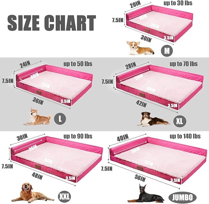 Patas Lague Orthopedic Dog Bed Large Sized Dog 36''X24'', Waterproof L Bolster Medium Pet Sofa Beds with Removable Washable Cover, Soft Comfortable Pet Couch Crate Mat with Nonskid Bottom, Pink