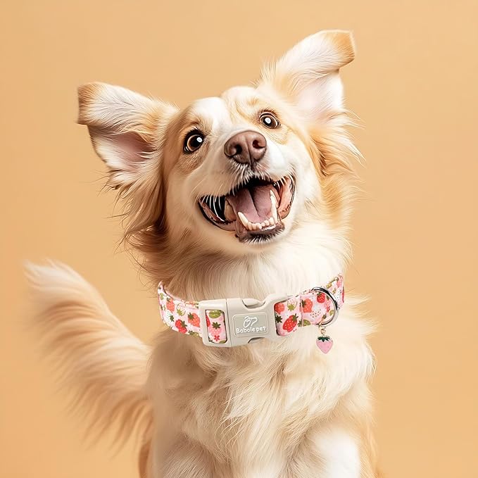 Strawberry Dog Collar for Large Dogs - Cute Spring Pink Dog Collars, Summer Pastel Puppy Collars, Soft Adjustable Boy Girl Dogs Collar with Quick-Release Buckle L