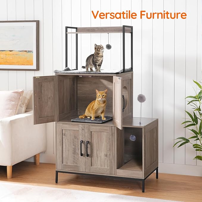 HOOBRO Cat Litter Box Enclosure Furniture, 2 in 1 Hidden Litter Box Furniture with Shelf, Double Litter Box Cabinet with 2 Dangling Plush Balls and 1 Toy Ball, Greige and Black BG78MW01