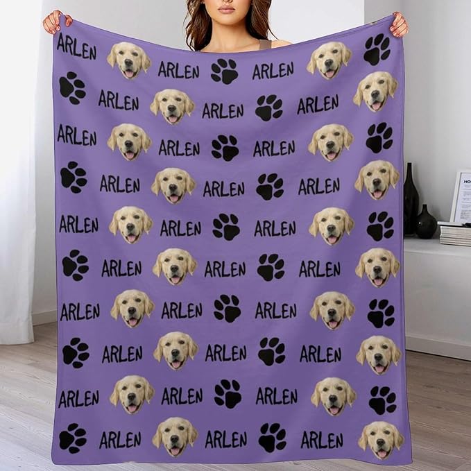 Personalized Paw Print Dog Blanket with Pet Name Face-Custom Puppy Blankets with Picture for Dogs-Customized Dog Memorial Throw Fleece Blanket-Loss of Pets Supplies Sympathy Gift for Bed Sofa Travel