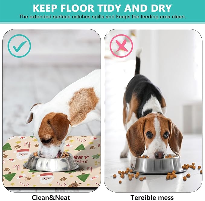 Christmas Dog Food & Water Mat, Paw Prints Santa Claus Snowman Xmas Pet Feeding Mat for Floor Non-Slip Waterproof, Super Absorbent Cat Bowl Mat, Easy to Clean Pet Placemat,12" × 20"