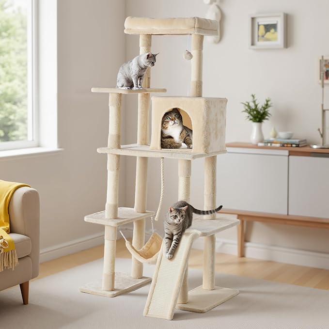 DUMOS Large 63in Cat Tree Tower, Multi Level Cat Climbing Tower with Condo, Natural Sisal Scratching Posts, Extended Platform, Hammock, Pet House for Indoor Cats and Kittens Play, Beige